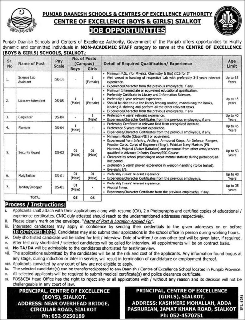 Punjab Daanish School Jobs in Sialkot September 2025