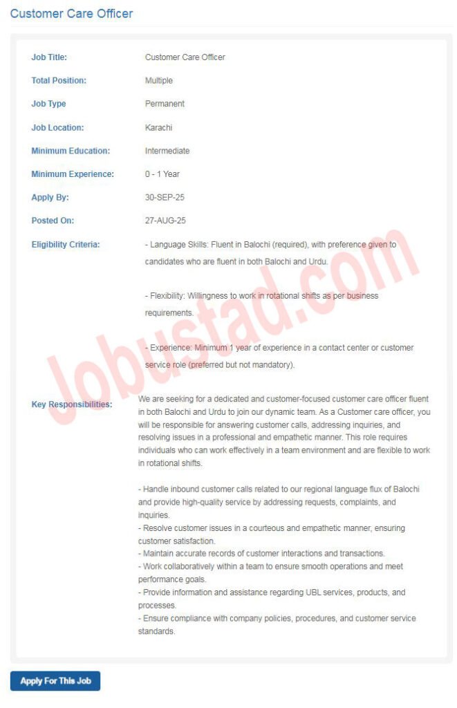 UBL Bank Jobs in Karachi September 2025 