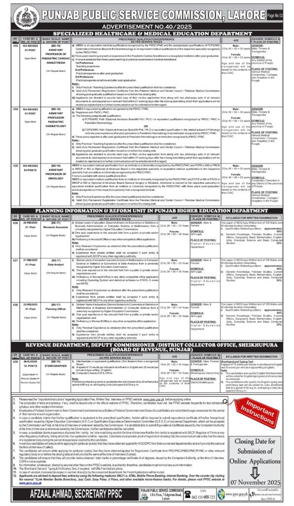 Vacancy Announcement in Punjab Public Service Commission PPSC October 2025