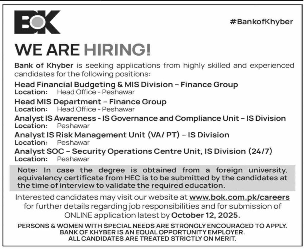 Bank of Khyber Jobs in Peshawar October 2025