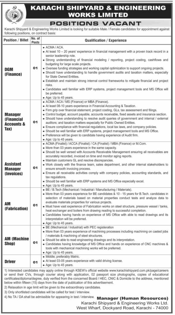 Karachi Shipyard and Engineering Works Limited Jobs in Karachi October 2025