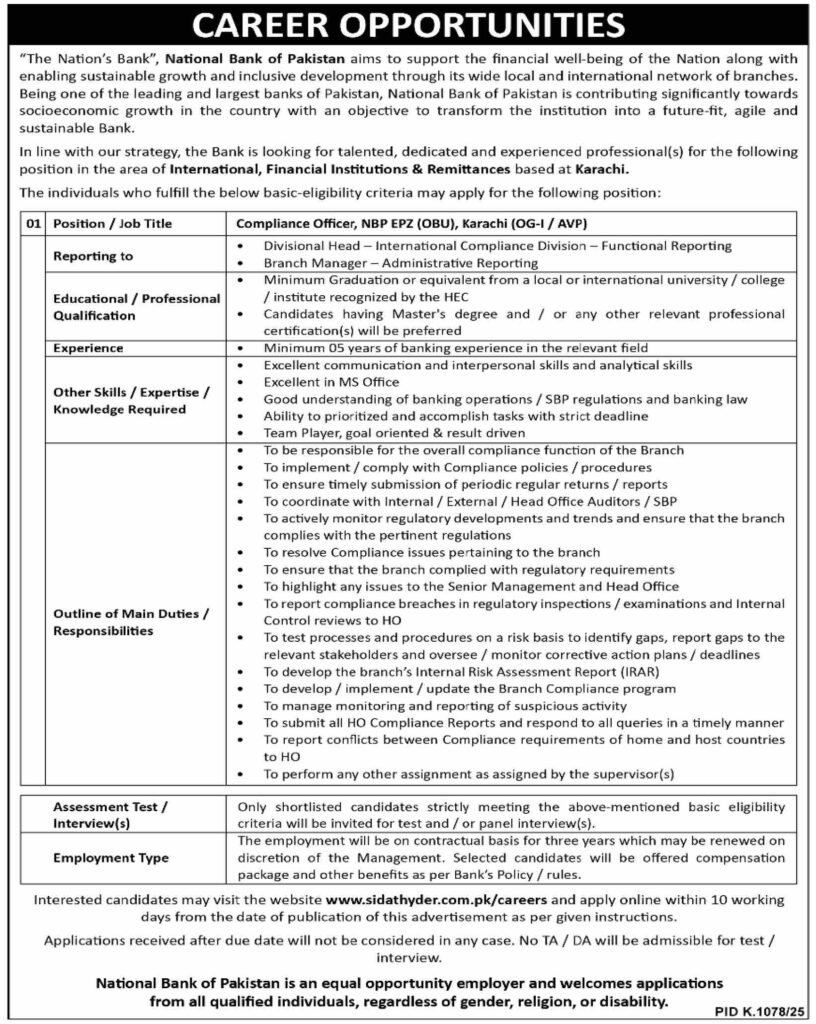 National Bank Vacancies Open in Karachi October 2025