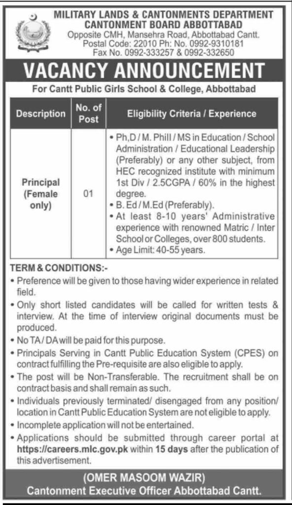 Principal Required at Abbottabad October 2025