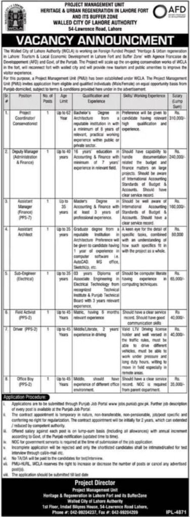 Walled City of Lahore Authority Jobs in Punjab October 2025