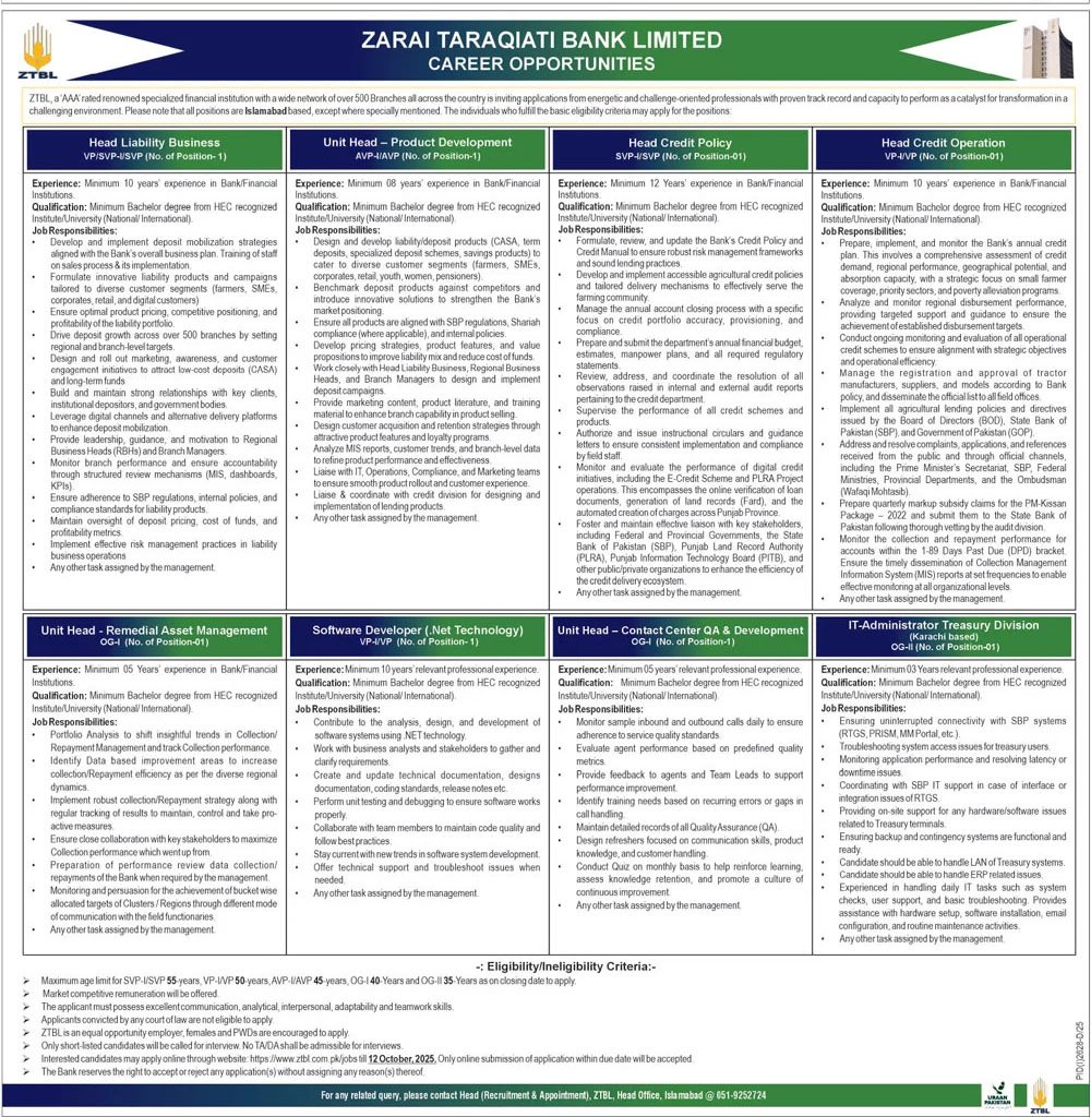 ZTBL Jobs in Pakistan October 2025