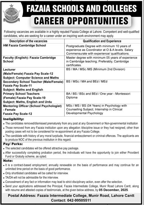 Fazaia College PAF Vacancies in Lahore November 2025