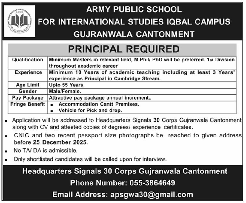 Army Public School Jobs in Gujranwala Cantt December 2025