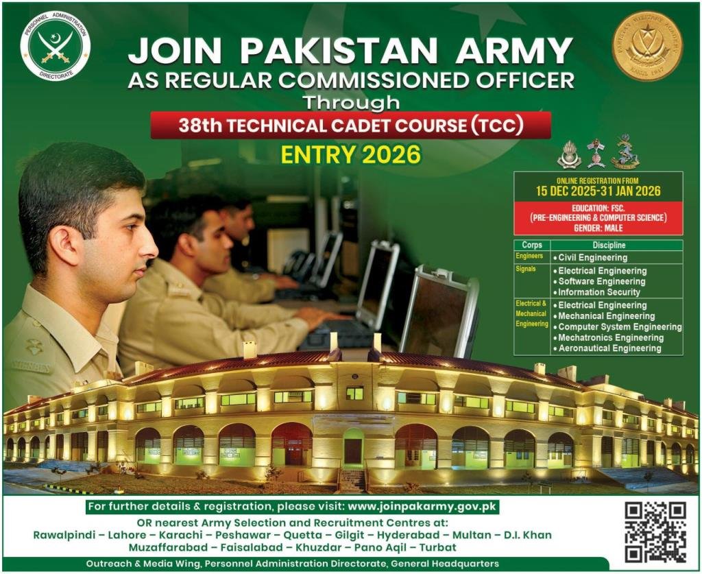 Join Pakistan Army as Regular Commissioned Officer through 38th Technical Cadet Course TCC January 2026