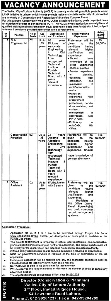 The Walled City Lahore Authority Career Opportunities January 2025