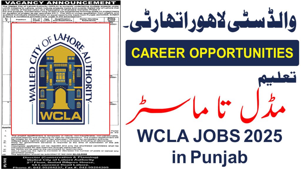 The Walled City Lahore Authority Career Opportunities January 2025