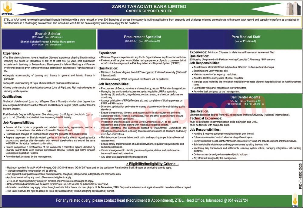 Zarai Taraqiati Bank Limited Vacancies Announcement 2025