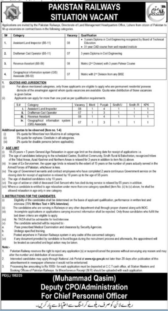 Pakistan Railways Jobs 2026 For Assistant Land Inspector – Situation Vacant