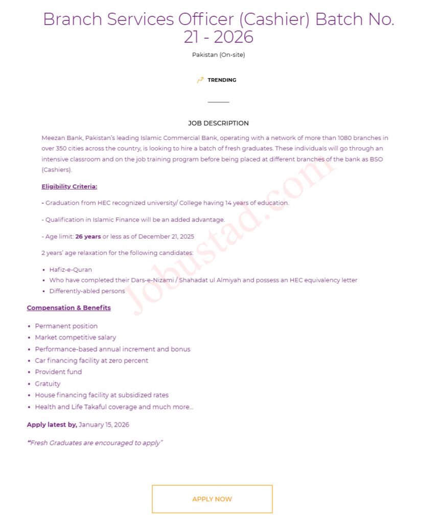 Meezan Bank Cashier Jobs in Pakistan Batch No 21 2026