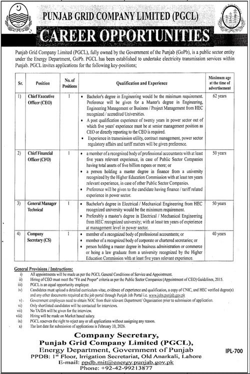 Punjab Grid Company Limited PGCL Jobs January 2026