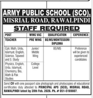 Army Public School Jobs in Rawalpindi February 2026