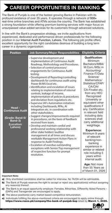 BOP Jobs in Lahore February 2025