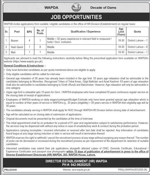 Class 4 Vacancies in Wapda February 2026