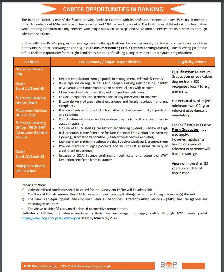 Personal Banking Officer Vacancies at BOP February 2026