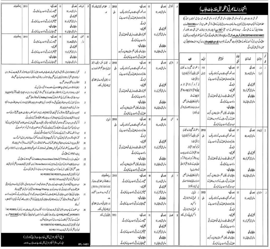 Prison Department Punjab Jobs in Faisalabad Region February 2026