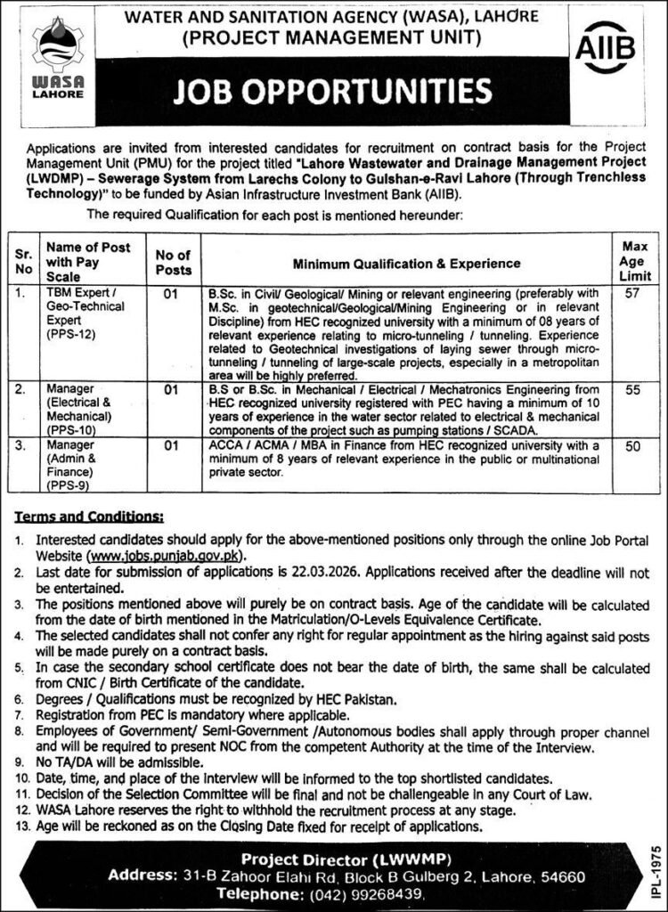 WASA Lahore Career Opportunities February 2026