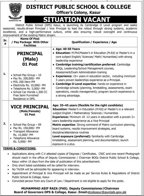 District Public School and College Vacancies in Kasur March 2026