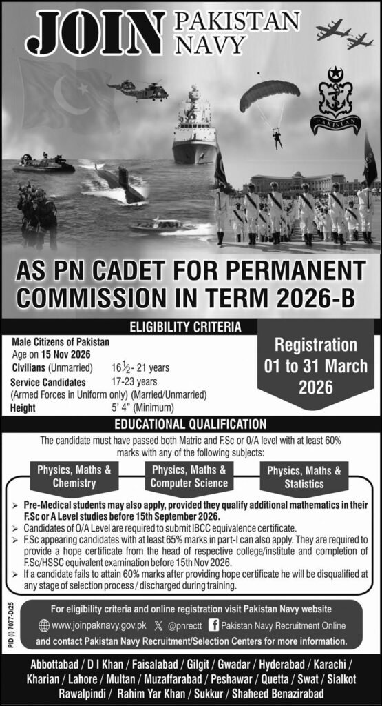 Join Pak Navy as PN Cadet For Permanent Commission in Term 2026 - B Registration Open