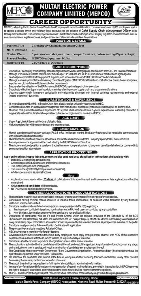 Latest MEPCO Jobs April 2026