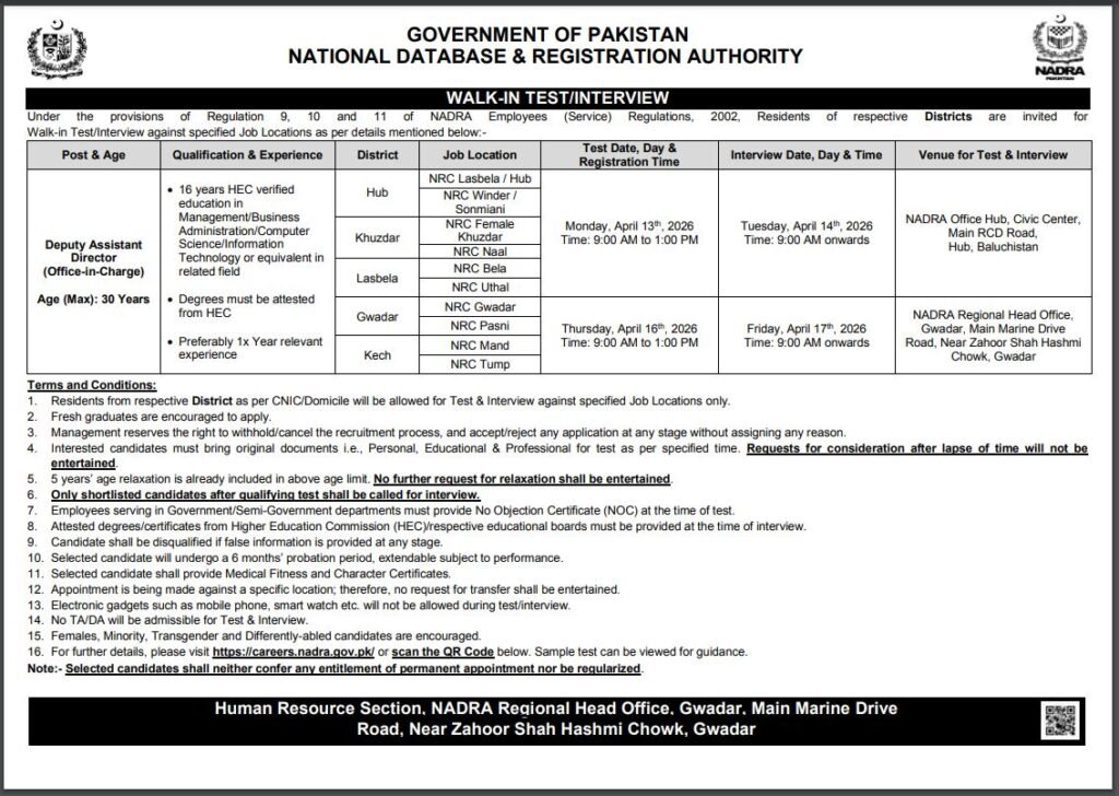 NADRA Jobs in Balochistan April 2026 Advertisement