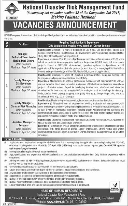 National Disaster Risk Management Fund Vacancies in Pakistan March 2026