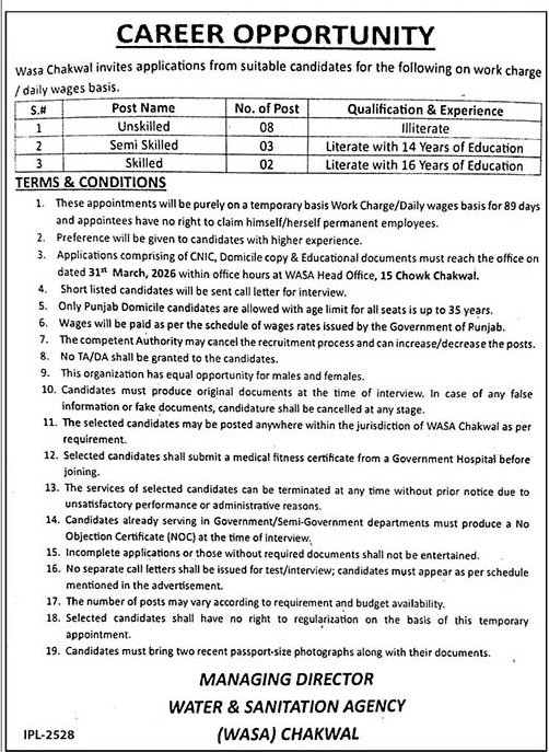 WASA Jobs in Chakwal March 2026
