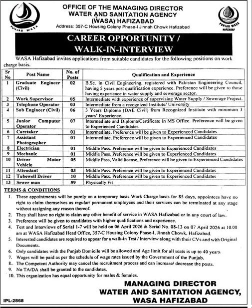 Water and Sanitation Agency WASA Jobs in Hafizabad March 2026