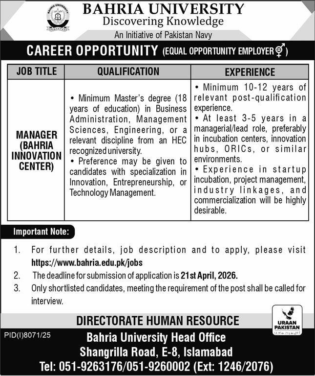Bahria University Jobs in Islamabad April 2026
