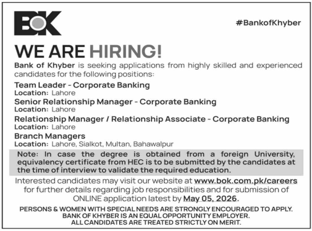 Bank of Khyber Jobs in Punjab May 2026