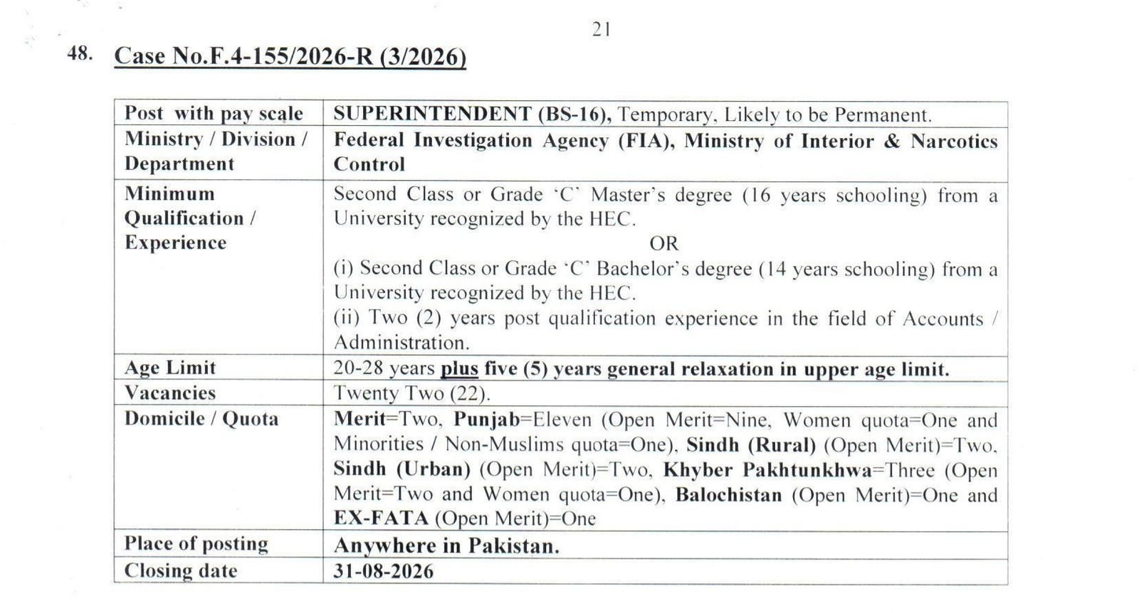 Federal Investigation Agency FIA Jobs in Pakistan August 2026