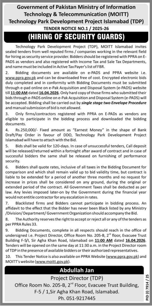 MOITT Hiring Security Guards in Islamabad April 2026