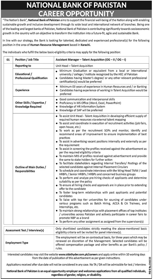 The National Bank of Pakistan has announced a promising career opportunity through its National Bank of Pakistan Jobs in Karachi May 2026 Advertisement, inviting skilled and motivated professionals to join its Human Resource team. Based in Karachi, this position offers candidates a chance to work with one of Pakistan’s largest and most reputable banks, contributing to talent acquisition strategies, recruitment operations, and HR development. Individuals with relevant education and experience in HR or banking are encouraged to apply online within the given deadline.