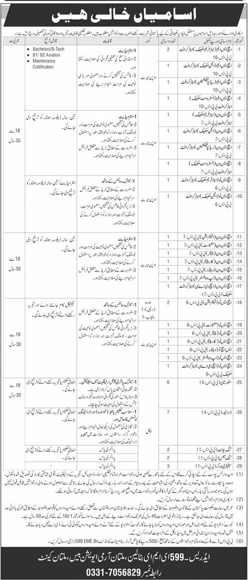 Pak Army 599 EME Battalion Jobs in Multan Cantt April 2026