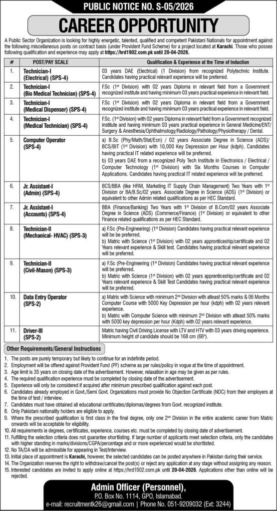 Public Sector Organization Vacancies in Karachi April 2026