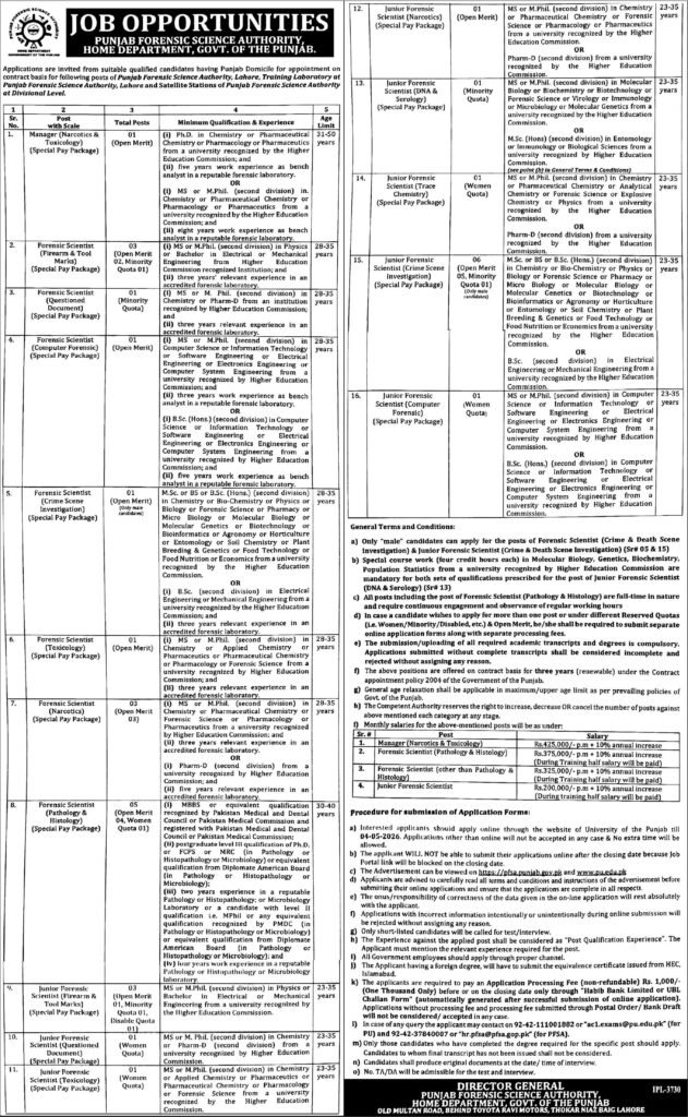 Punjab Forensic Science Authority Jobs May 2026