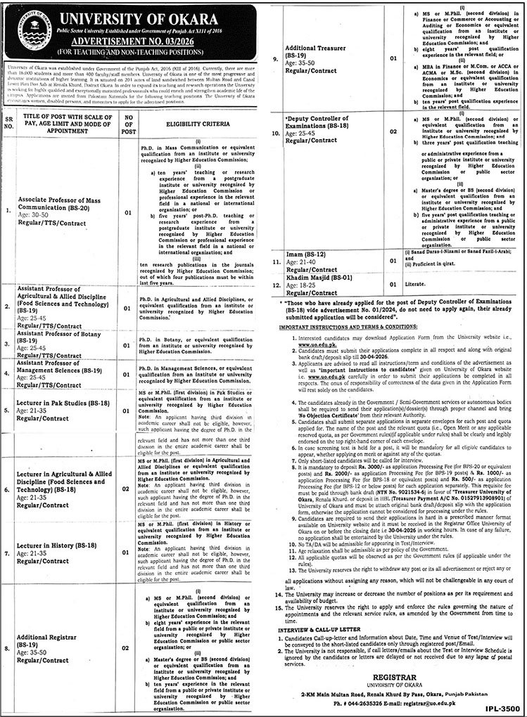 University of Okara Vacancies Announcement April 2026