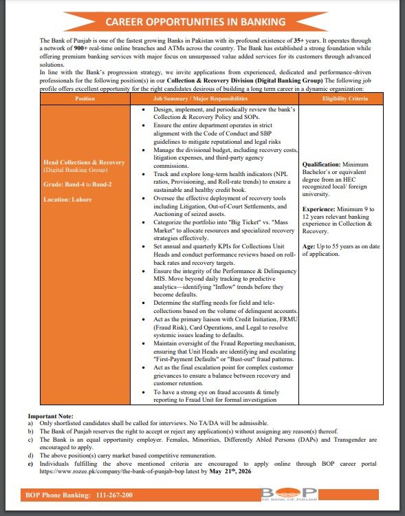 BOP Bank of Punjab Jobs in Lahore May 2026 Apply Online for Head Collections & Recovery