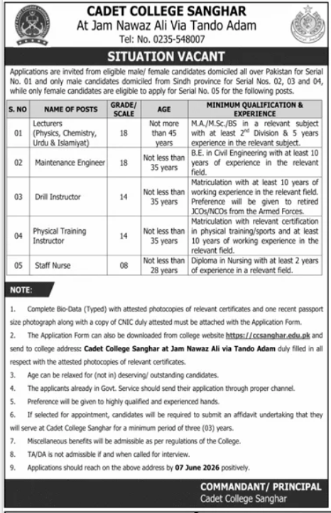 Cadet College Jobs in Sanghar May 2026 Advertisement