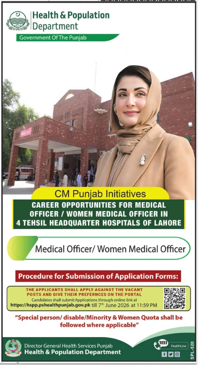 Cm Punjab Initiatives Career Opportunities For Medical Officer / Women Medical Officer In 4 Tehsil Headquarter Hospitals Of Lahore May 2026 