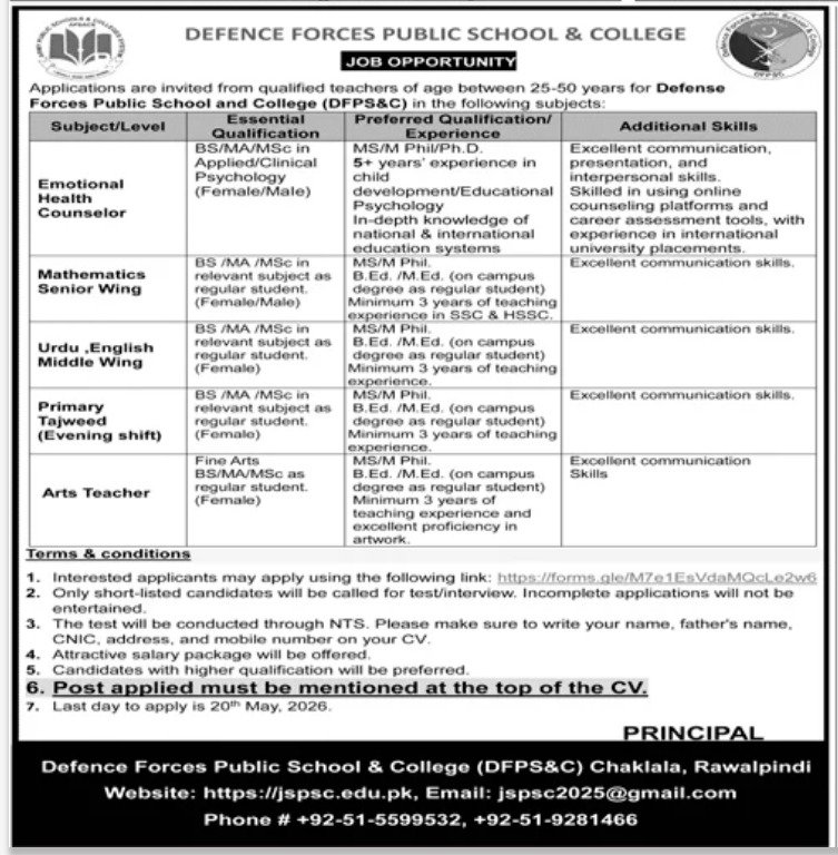 Defence Forces Public School and College Jobs in Rawalpindi May 2026