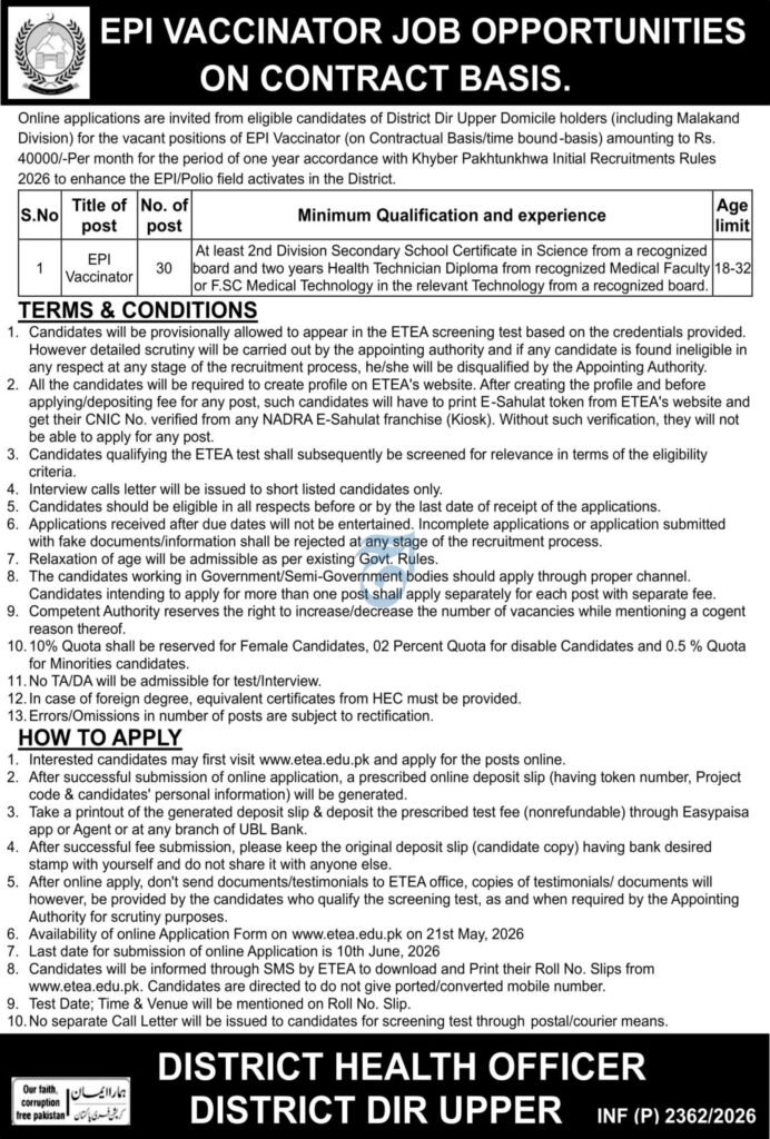 EPI Vaccinator Vacancies Announce in KPK June 2026 Advertisement