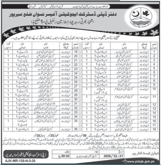 Education Department Mirpur Jobs May 2026 – Class IV Vacancies in AJK Female Schools