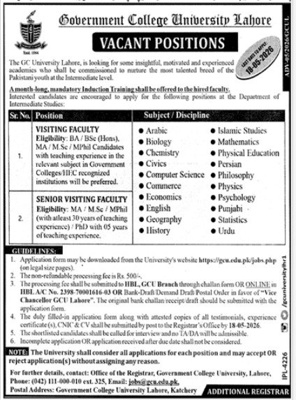 GC University Jobs in Lahore May 2026