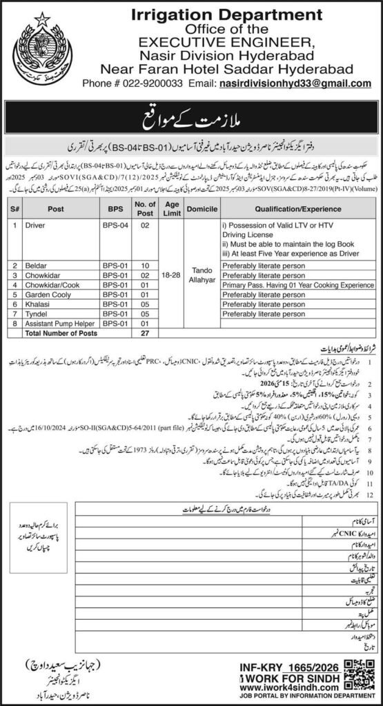 Irrigation Department Jobs in Sindh May 2026