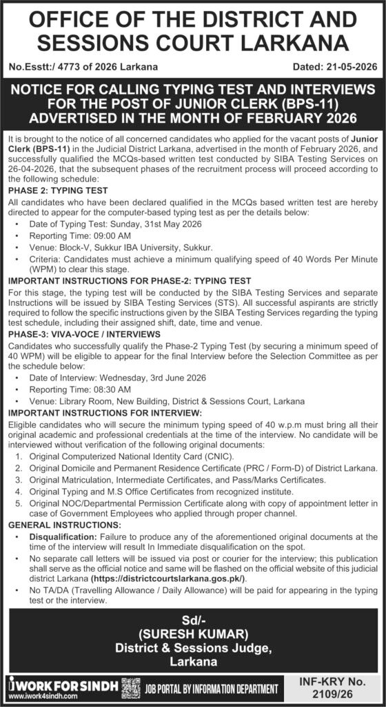 Junior Clerk Jobs in Larkana May 2026