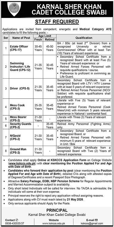 Karnal Sher Khan Cadet College Swabi Jobs May 2026